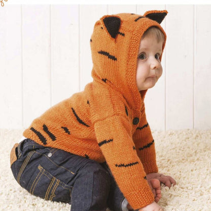 Baby Tiger Hoodie, Simple Hooded Baby Cardigan Knitting Pattern