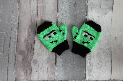 Frankenstein Mittens, Kids Simple Halloween Mitten - Knitting Pattern