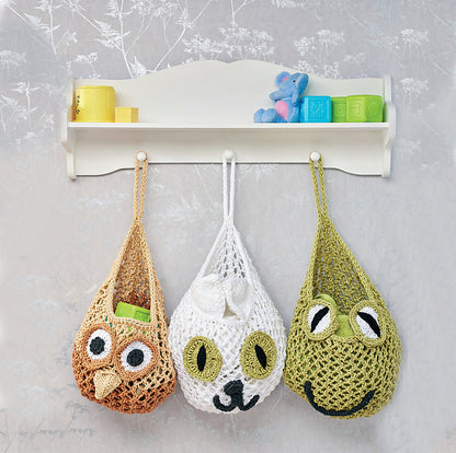 Animals Hanging Nursery Baskets, Frog, Cat & Owl Bags - Knitting Pattern