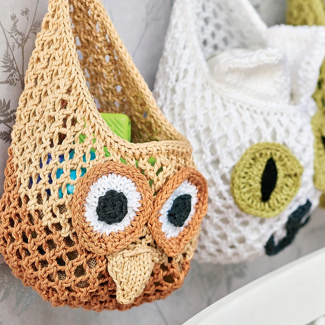 Animals Hanging Nursery Baskets, Frog, Cat & Owl Bags - Knitting Pattern