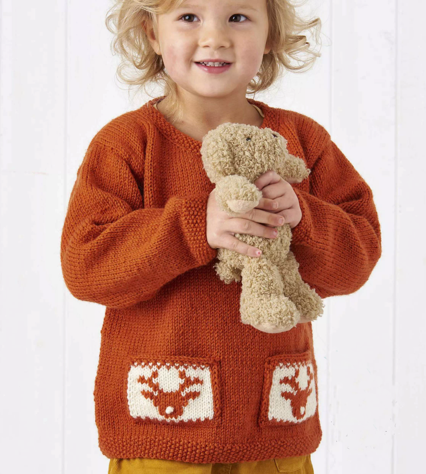 Deer One, Childs Christmas Jumper with Reindeer Motif Pockets - Knitting Pattern