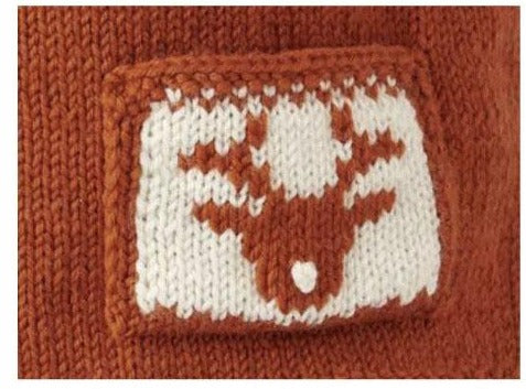 Deer One, Childs Christmas Jumper with Reindeer Motif Pockets - Knitting Pattern