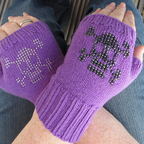 Bones, Beaded or Embroidered Skull Fingerless Mittens - Knitting Pattern