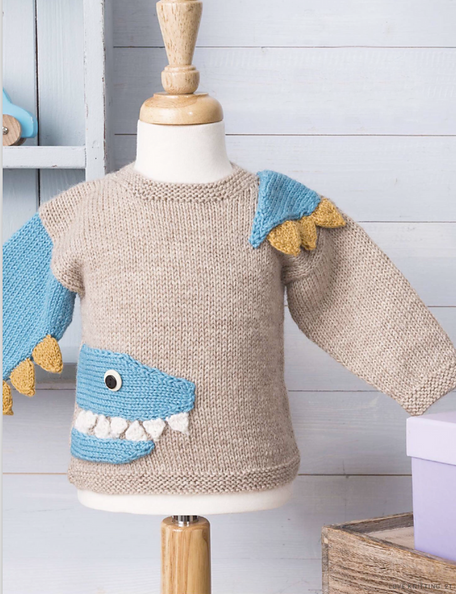 knitting pattern for baby jumper, baby sweater with a crocodile motif, spikes and teeth. knitting pattern for baby sweater, crocodile knitted, knitting pattern, jane burns