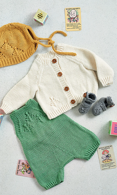 knitting pattern for modern baby layette, baby shower knitted gift for boys and girls, contemporary colours, romper, bonnet, baby cardigan and booties, jane burns